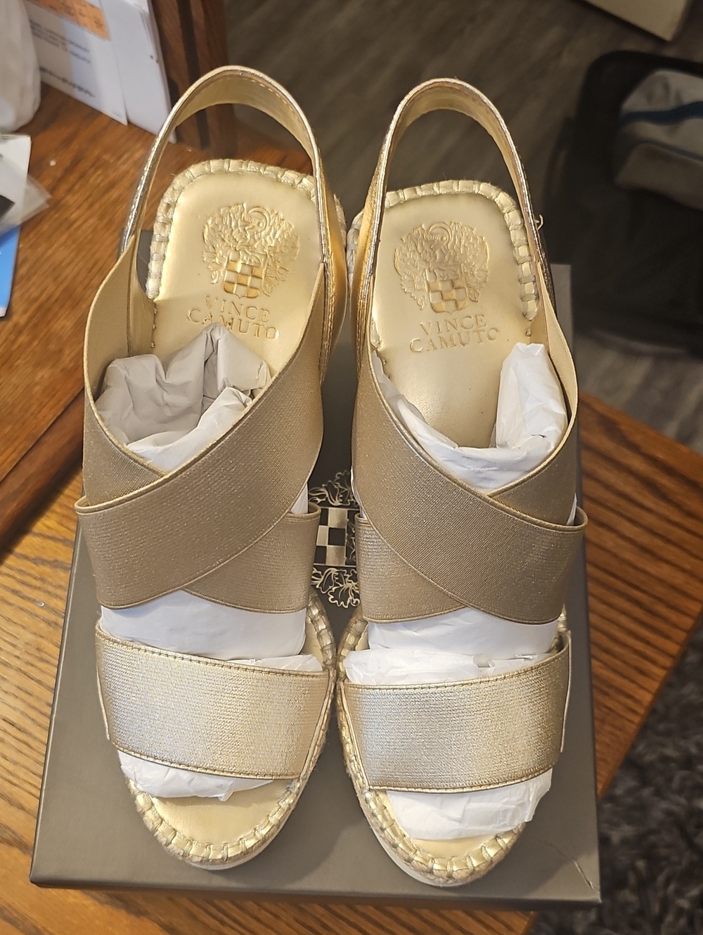 Vince Camuto Metallic Gold Elastic Crisscross Wedge Sandals